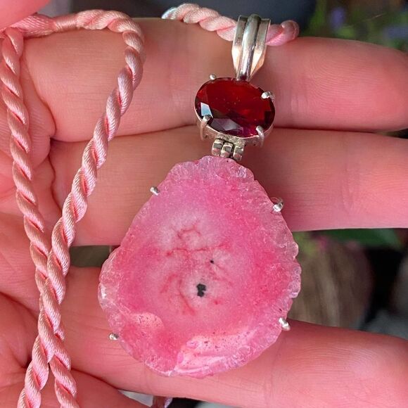 Solar Quartz Druzy & Garnet Ethnic Sterling Silver Pendant Necklace - Picture 6 of 8